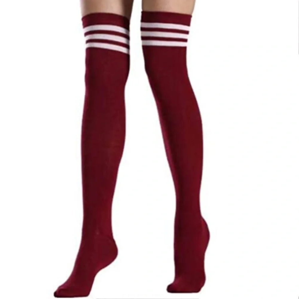Burgundy White Stripe Thigh High Socks Retro Knee High Style